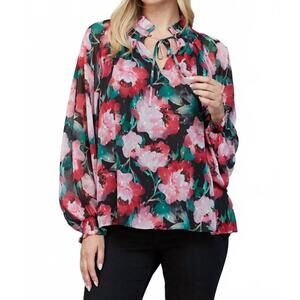 NEW 61 JANE women's floral keyhole tie neck blouse in floral